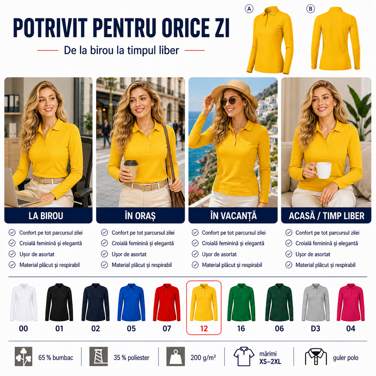 Detalii bluză polo damă cu m&acirc;necă lungă, guler polo, 4 nasturi, croială cambrată și cusături laterale
